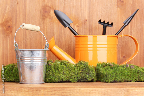 Photo: Green moss and watering can with gardening tools Green moss and watering can with gardening tools