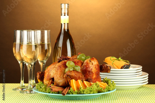 Photo: table setting for Thanksgiving day on brown background close-up table setting for Thanksgiving day on brown background close-up
