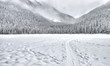 Frozen Lake with Sled Trail in Mountains