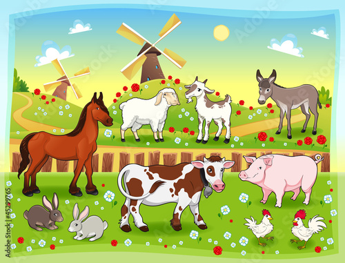 Vector: Farm animals with background. Vector illustration. Farm animals with background. Vector illustration.