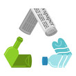 Recycling logo, newspaper, plastic/glass bottles