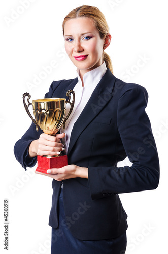 Photo: Businesswoman with prize on white Businesswoman with prize on white