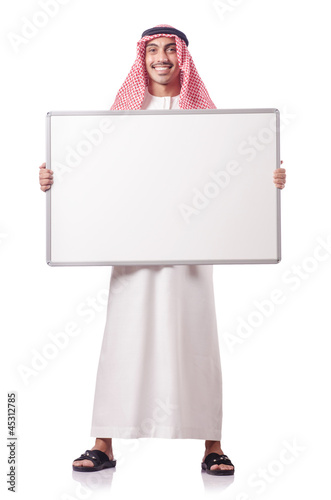 Photo: Arab man with blank board on white Arab man with blank board on white