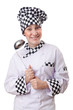 Woman cook with ladle on white