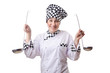 Woman cook with ladle on white