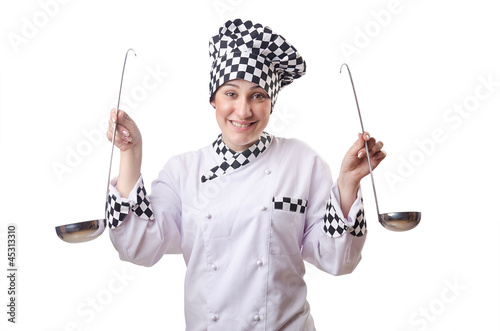 Photo: Woman cook with ladle on white Woman cook with ladle on white