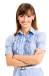 Cheerful businesswoman, over white