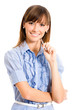Cheerful businesswoman with pen, over white