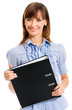 Cheerful businesswoman with folder, over white