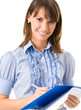 Cheerful businesswoman writing, isolated over white