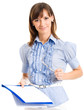 Cheerful businesswoman writing, isolated over white