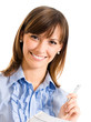 Cheerful businesswoman writing, isolated over white