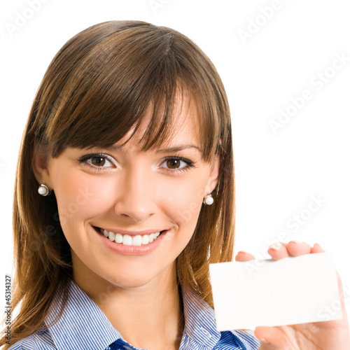 Photo: Businesswoman with blank business or plastic card Businesswoman with blank business or plastic card
