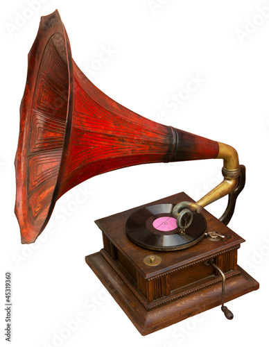 Photo: Gramophone with red horn. Clipping path included. Gramophone with red horn. Clipping path included.