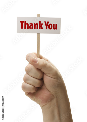 Photo: Hand Held Thank You Sign In Fist On White Hand Held Thank You Sign In Fist On White