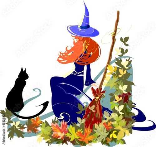 Vector: Red-haired witch with a black cat Red-haired witch with a black cat