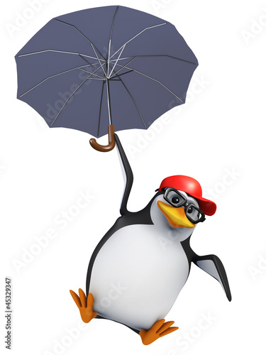 Illustration: 3d Penguin baseball cap floats under his umbrella 3d Penguin baseball cap floats under his umbrella