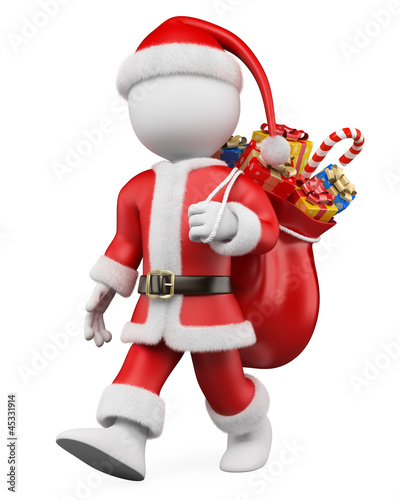 Illustration: 3D Christmas white people. Santa Claus walking with a sack full 3D Christmas white people. Santa Claus walking with a sack full