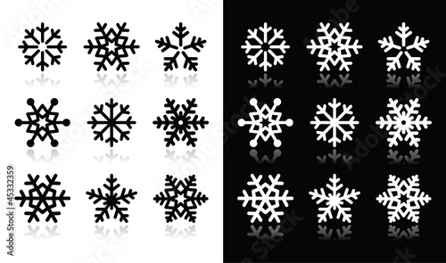 Vector: Snowflakes icons with shadow on black and white background Snowflakes icons with shadow on black and white background