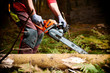 Waldarbeiterin schneidet liegendes Holz - Entasten