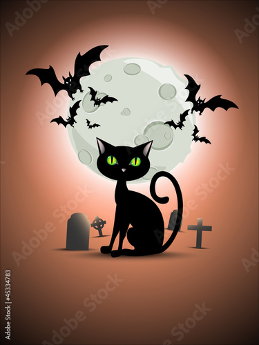 Vector: Halloween cat, graveyard, moon and bats Halloween cat, graveyard, moon and bats