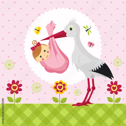 Vector: stork with a baby girl in a bag stork with a baby girl in a bag