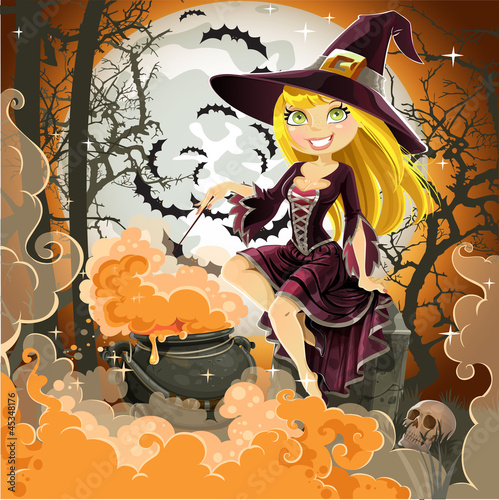 Vector: Witch with potion in the pot sits in the cemetery Witch with potion in the pot sits in the cemetery