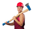 Young smiling female woodcutter with hard hat holding huge ax