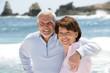 Old couple strolling along the beach