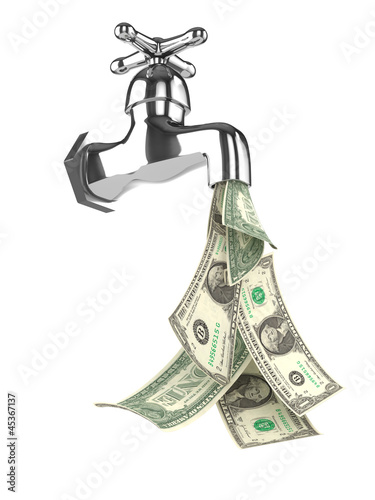 Illustration: 3d Tap pouring dollars down the drain 3d Tap pouring dollars down the drain