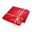 red color box for chocolate candy, tied beige ribbon.