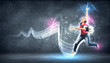 Photo: young woman playing on electro guitar and jumping young woman playing on electro guitar and jumping