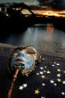 Venetian Mask by the River Bridge with Sunset