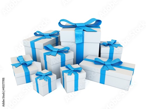 Illustration: set of 3d white gifts with blue ribbon set of 3d white gifts with blue ribbon