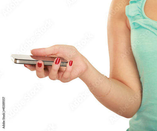 Photo: Mobile phone With hand, isolated on white background Mobile phone With hand, isolated on white background