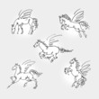 Set of vector stylized monochrome pegasus on a white background