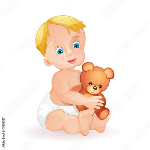 Vector: Baby boy holding cute teddy bear isolated on white Baby boy holding cute teddy bear isolated on white