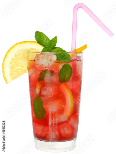 Photo: Glass with fruit cocktail and mint leaves isolated Glass with fruit cocktail and mint leaves isolated