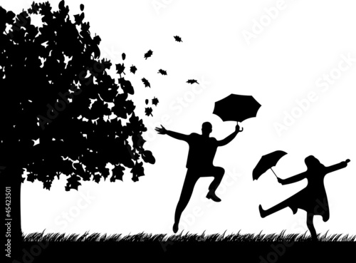 Vector: Young woman and man dancing in the rain under umbrella Young woman and man dancing in the rain under umbrella