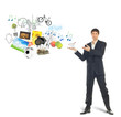 Shopping cart on palm of businessman and goods