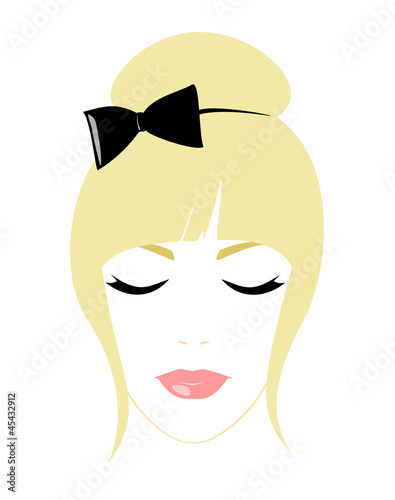 Vector: Face of beautiful blonde woman with black bow in hair. Face of beautiful blonde woman with black bow in hair.