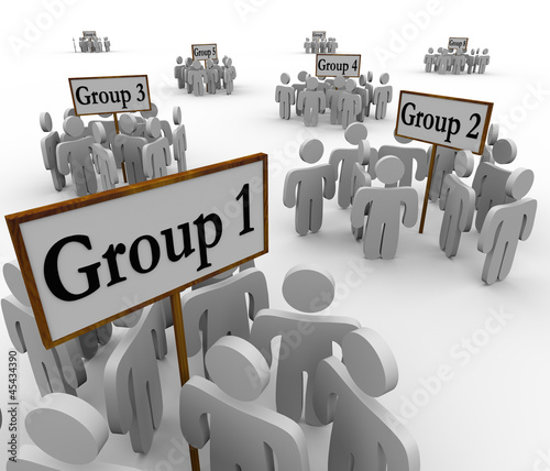 Illustration: Several Groups People Gathered Around Meeting Signs Several Groups People Gathered Around Meeting Signs