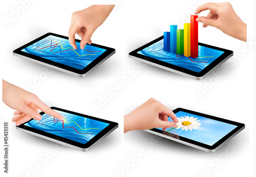 Vector: Set of tablet screen with graph and a hand. Vector. Set of tablet screen with graph and a hand. Vector.