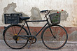 Red roses in basket of old rusty bicycle