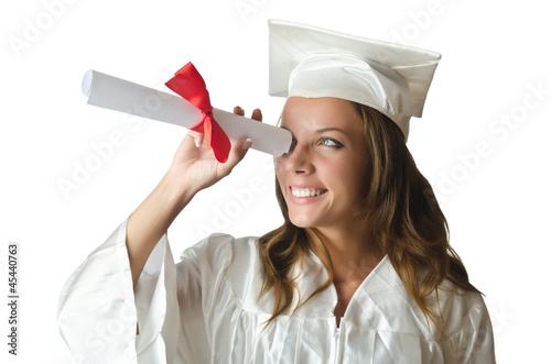 Photo: Young student with diploma on white Young student with diploma on white