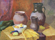 Still life with clay pottery and vegetables gouache painting