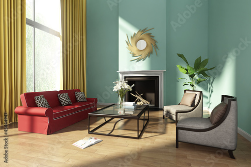 Illustration: Fresh wlegant green luxury living room with fireplace Fresh wlegant green luxury living room with fireplace
