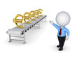 3d small person points to the conveyor with the symbols of the e
