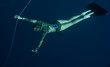 Freediver is waiting for someone in the depth