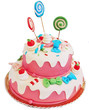 Torta rosa di compleanno su sfondo bianco